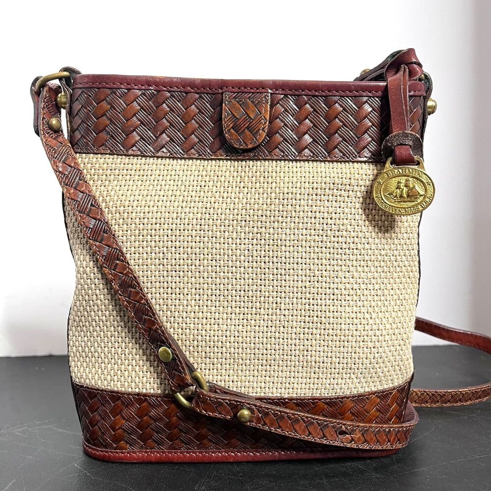 Brahmin Vtg Harbor Collection Crossbody Beige Woven Fiber Basketweave Leather